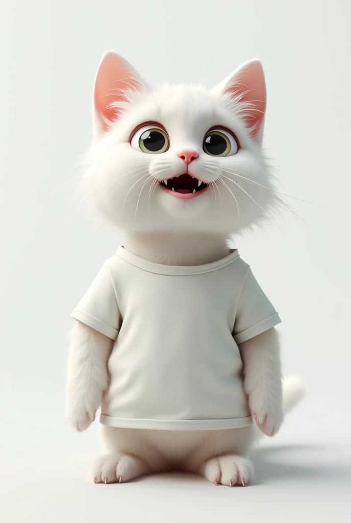 "A adult female angora cat. Looking straight ahead looks like a litle a human wearing a t-shirt. Background white. Cat face surprise and looking to her right