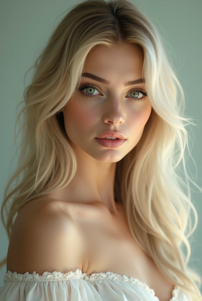 create an image with this description 'She has a symmetrical face with high cheekbones, Full and defined lips, and large, expressive emerald green eyes. Your skin is clear and luminous, with a light natural blush on the cheeks. Her hair is long, silky and a blonde tone, with soft waves that fall to below her shoulders. stomach 1.70 meters tall and has a slim and well-proportioned figure., with subtle and elegant curves.'