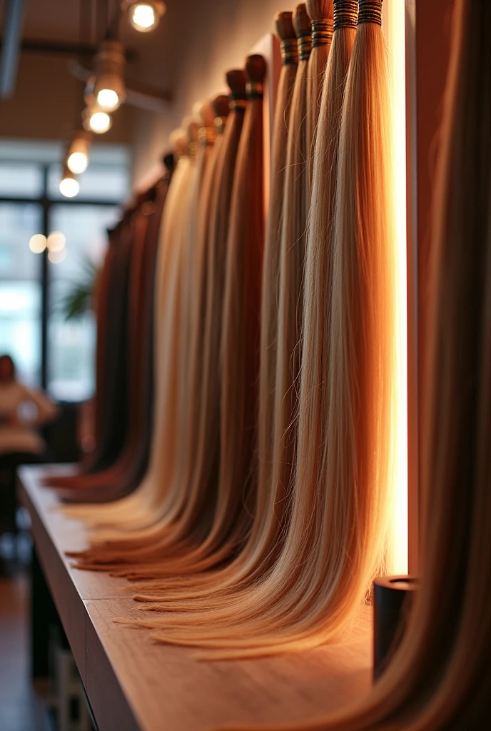 A vibrant, inviting studio with various hair extension samples displayed neatly.]