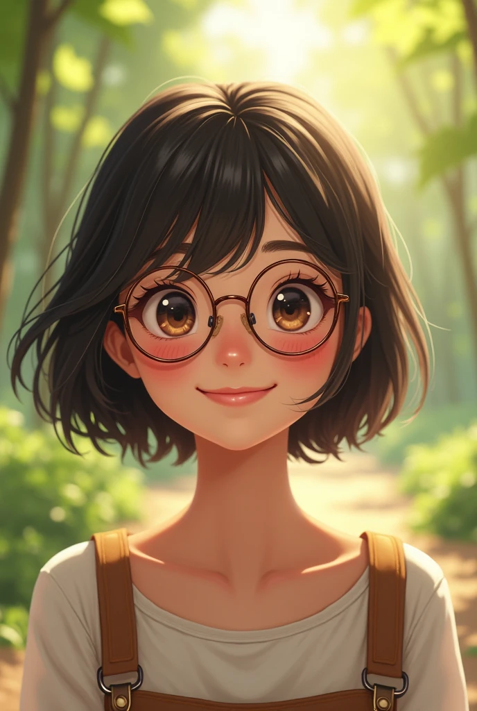 Girl with hair not so short, not so long, with round glasses smiling