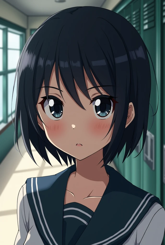 Anime girl, high school student, short hair black, black eyes, serious