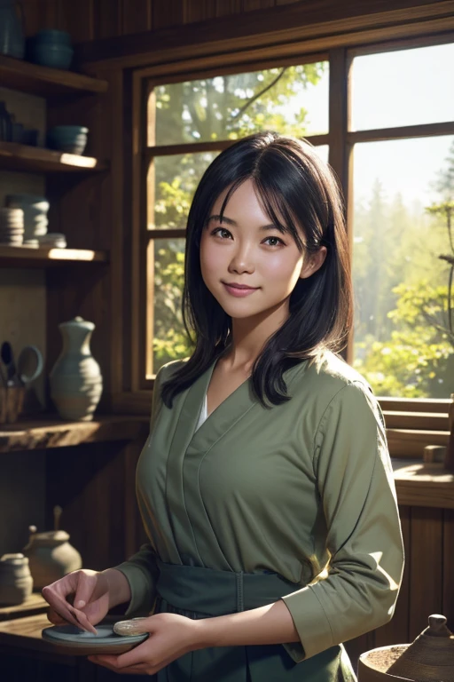 (8k, RAW photo, best quality, masterpiece), (photorealistic), outstanding details, ultra-high resolution, anatomically correct, textured skin, (Extremely precise and accurate anatomy),
Ultra Detailed Face, Detailed Eyes,
(Cute Japanese girl), light smile,
A potter working in her studio in the forest, She makes big pots out of clay,
cinematic lighting in the hair, hair light, wind in the hair,
A square in the forest,
(backlighting),
reflection light,
atmospheric perspective, depth of field,
(dramatic lighting), cinematic lighting,