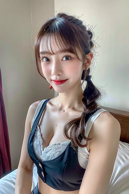 ((Highest quality、8k、masterpiece:1.3))、One Girl、Beautiful woman with slim abdominal muscles:1.3、(Random Hairstyles)、Ultra detailed face、Detailed eyes、double eyelid、Emphasize the chest、On the bed、Sit on、Cleavage、Huge boobs Huge Ass