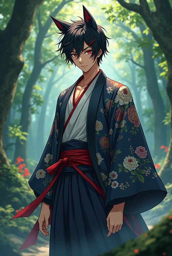 20 year old man, 1,78 tall, black hair with red, raza Ōkami, with a haori, anime style