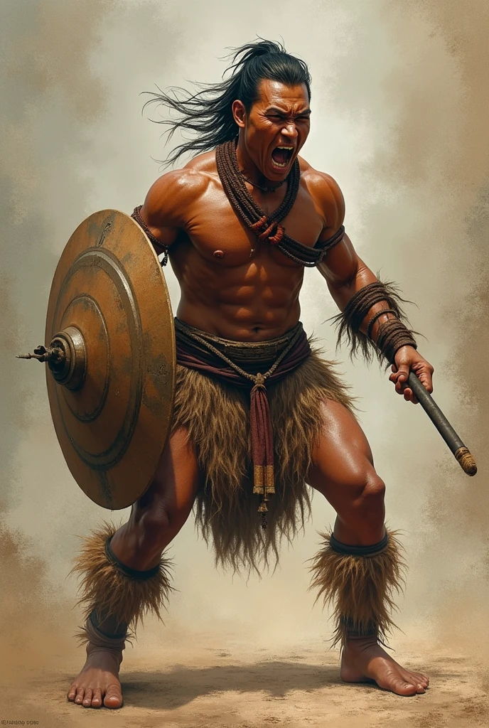 Filipino igorot in his traditional filipino igorot attire but no accessories, fighting position facing 3/4 left holding bolo and shield, open mouth shouting 