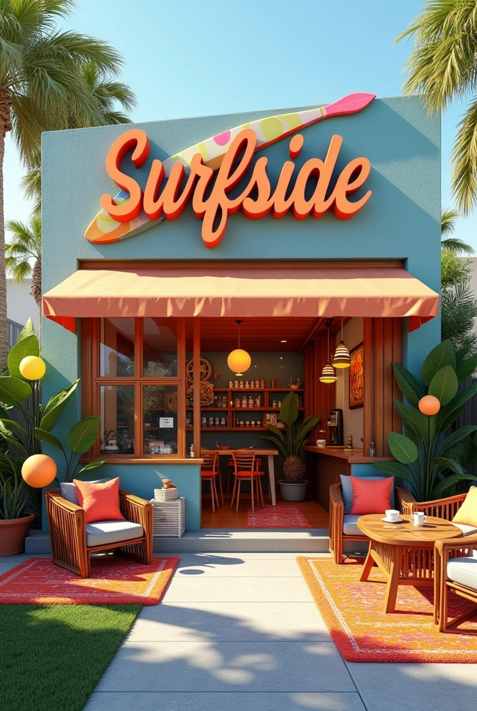 (photorealism:1.2), Picture realistic, high quality, realistic exterior design, coffee shop, concrete exterior, retro interior, surf decorations, front view of the coffee shop, colorful bar, bay window, colorful rugs and pillows, wooden tables, wicker chairs, big garden lamps, exterior garden with grass, name of the coffee shop "SURFSIDE"