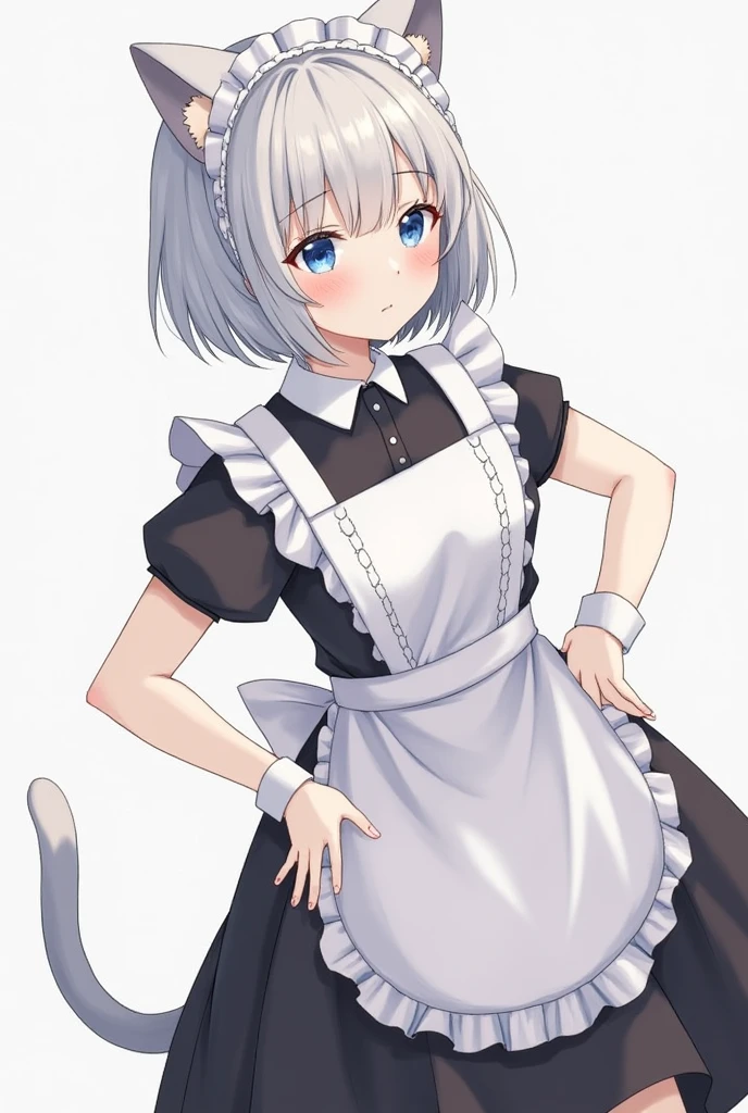 A beautiful girl with short silver hair Maid clothes Cat ear Occupation: Attendant