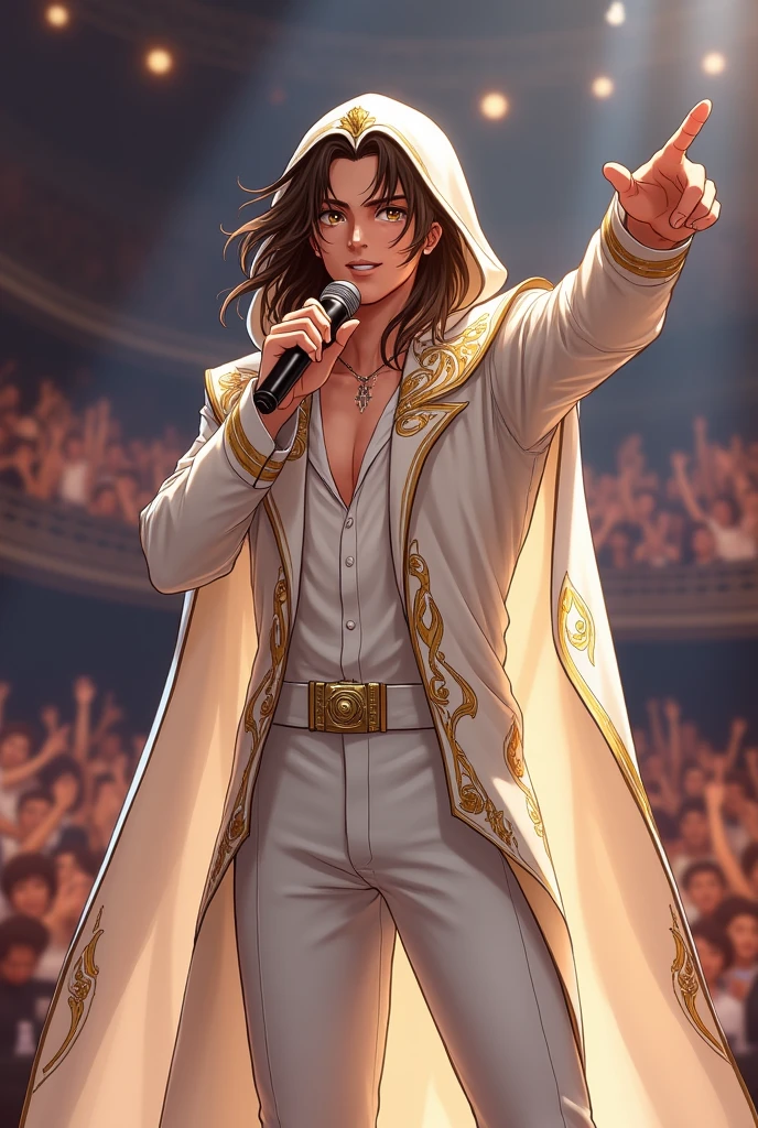 artwork best quality handsome american male ager long brown hair light skin with white cape and hooded coat on head with gold details white long sleeve shirt and white pants underneath intricate details singing holding a microphone seen from afar pointing at the audience at a concert with details uhq 8k details