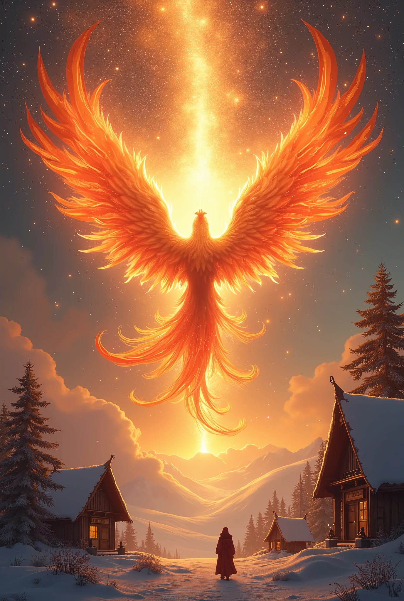 ((best quality)), ((masterpiece)), (detailed),8k , In a distant galaxy, where the birth and death of stars repeated endlessly, there existed a massive vortex of energy known as the Cosmic Magma Pool. This vortex was an infinite source of power, consuming and creating everything in its path.

One day, from the very heart of this vortex, an unbelievably beautiful Phoenix was born. The Phoenix had wings ablaze with fire, and the light emanating from its entire being was so radiant that it outshone even the stars. In that moment, the entire universe seemed to celebrate its birth, with a resounding sound echoing to the farthest reaches of the galaxy.

The Phoenix spread its magnificent wings and attempted its first flight. With every beat of its wings, the space around it was bathed in a gentle, warm light. Wherever the Phoenix flew, this light nurtured life, healed sorrows, and brought warmth to the hearts of all who witnessed it.

On a distant planet, there was a small village. The village had been locked in a long, harsh winter, where crops failed to grow, and the villagers were on the brink of losing all hope. But one night, a trail of light appeared in the sky. It was the Phoenix, soaring above the village. As the bird passed by, the entire village was enveloped in a golden glow, banishing the darkness of night and bringing warmth to the cold air.

The next morning, the villagers were greeted with a miraculous sight. Crops began to sprout once more, the ice had melted, and the long winter had finally ended. The villagers rejoiced, offering prayers of gratitude to the Phoenix. From then on, the Phoenix continued its journey across the universe, spreading its light of happiness wherever it went.

The Phoenix’s journey is eternal. With every flap of its wings, new hope and joy are born, nurturing life in every corner of the cosmos. Its light will never fade, endlessly bringing happiness to all who encounter it.