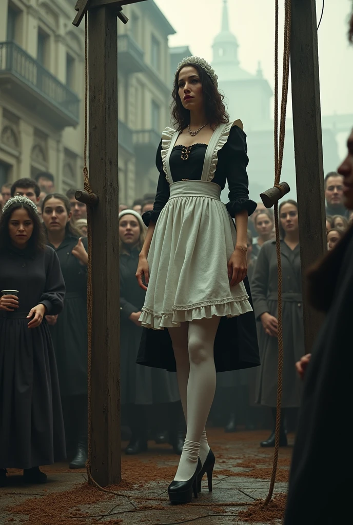 White thigh high stocking maid hanging execution scene , gallows , many people around , the chair fell