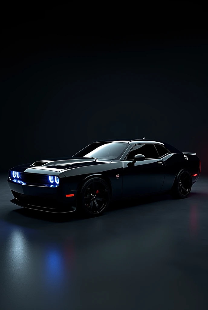 A dodge challenger black colour and black background with blue head lights with side angle
