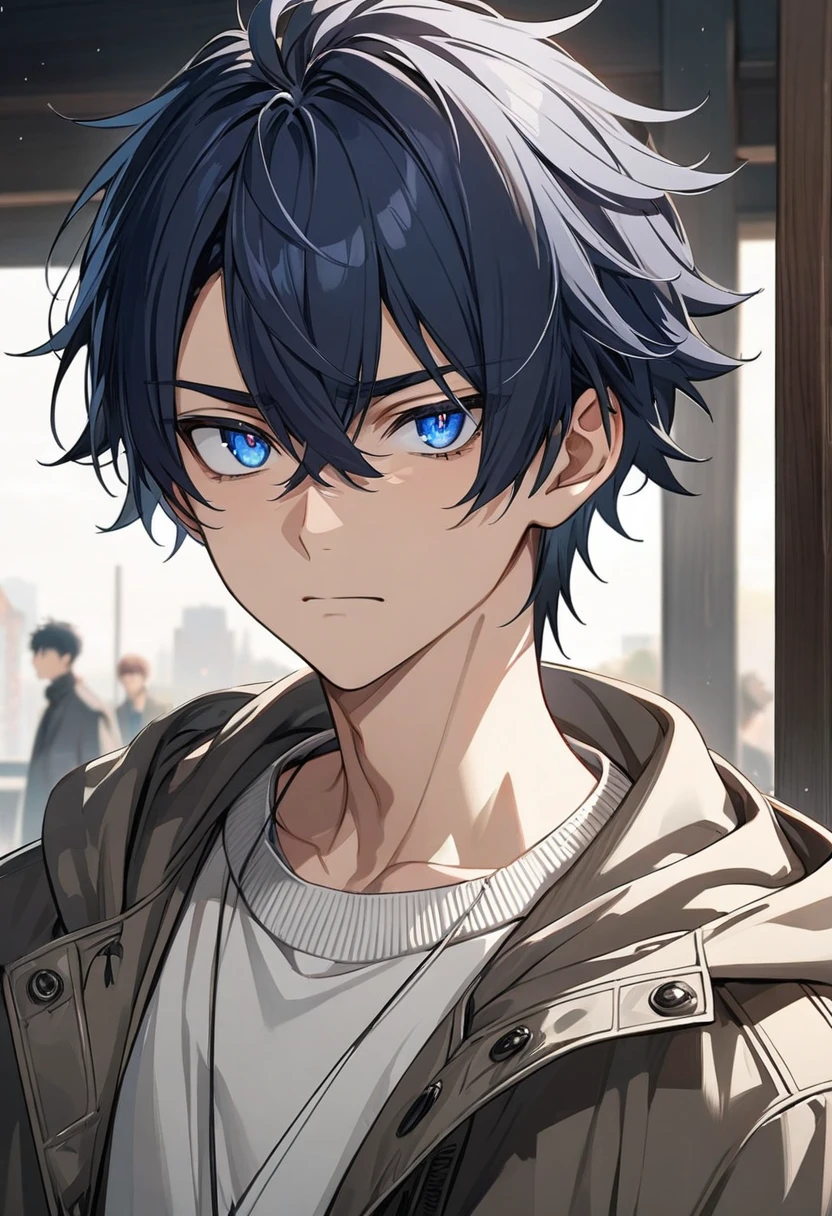 an anime boy, dark blue hair, blue eyes, neutral expression, slim body, short hair, elegant, detailed eyes, ultra detailed, high quality, teenager, masculine features, gruff, sweater, coat .