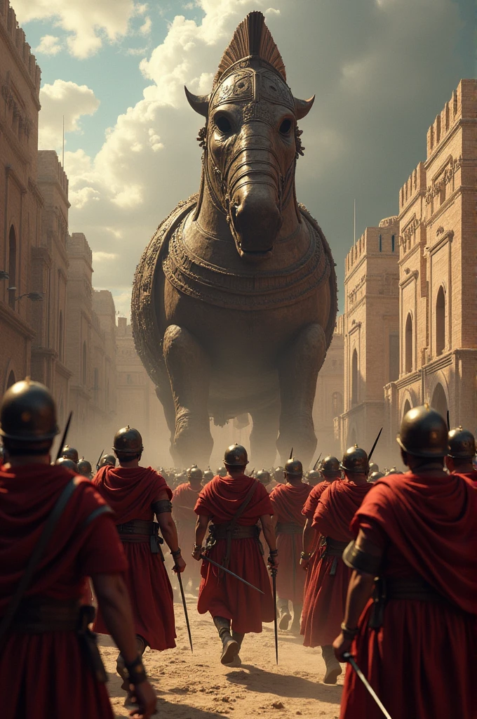 The soldiers who were inside a Trojan horse descending from the enemy city