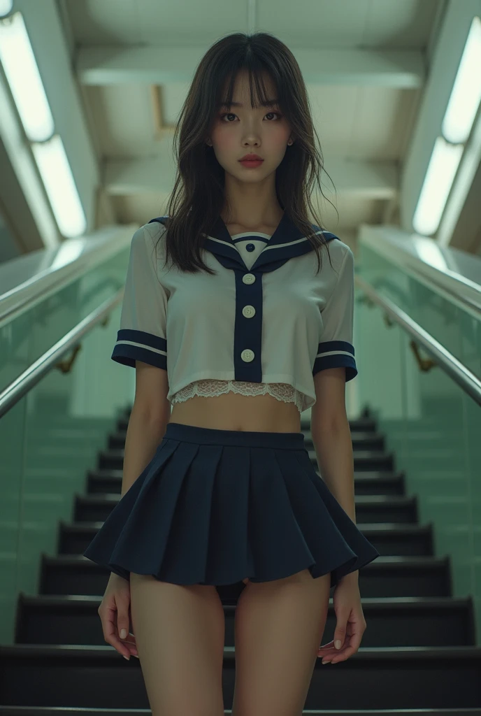 Subway stairs，A beautiful high school student coming down the stairs、((Sailor suit with large buttons on the front、Flared miniskirt、A blouse where the bra is visible underneath))、White lace panties、Japanese glamour beauty、(((A very low angle from between the legs)))、