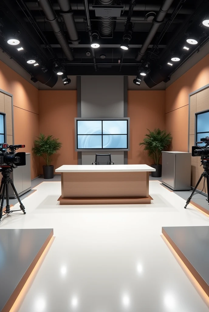 create a news studio. the colors must be different shades of brown and grey. There are table, TV's, and Cameras. The floor is white. No people