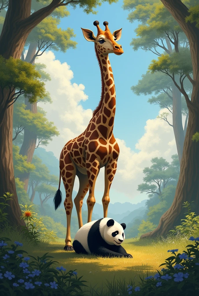 giraffe protecting panda