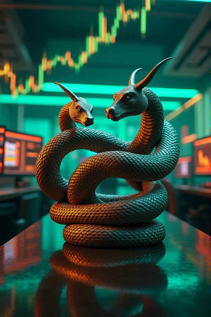 Create a realistic 3D image of a modern trading office. A central screen displays two snakes, one with a bull's head and the other with a bear's head, intertwined in a figure-eight shape. Surrounding monitors show active trading charts. The office is lit with neon green, yellow, and orange tones. At the bottom, prominently feature 'SerpenTTrading' in a bold, modern font