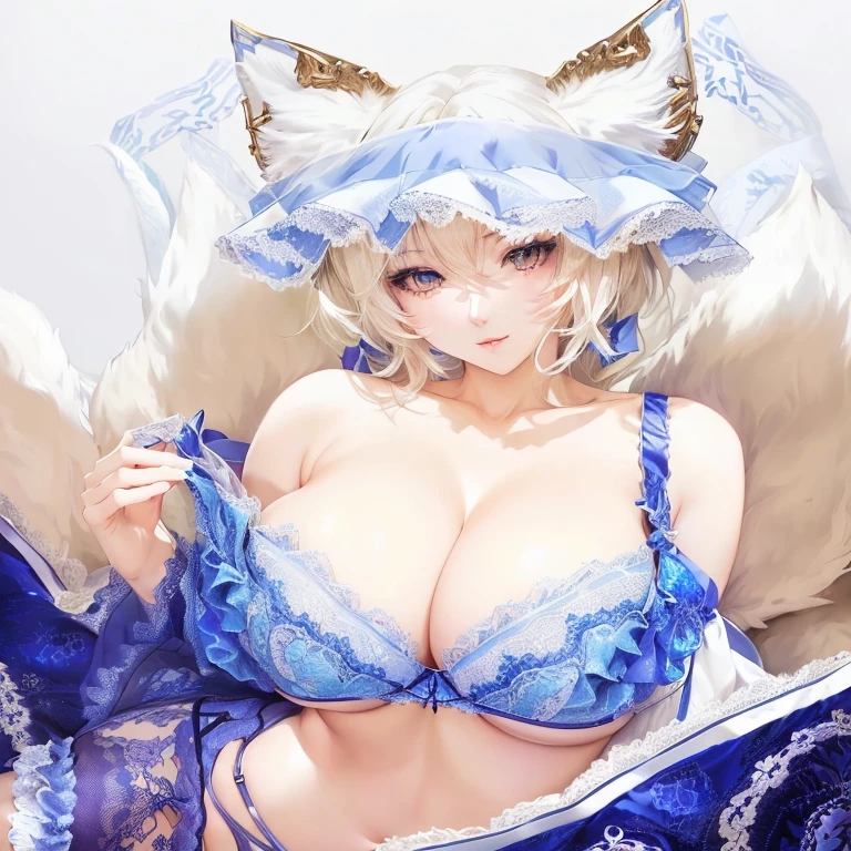 anime girl in blue lingerie with cat ears and blue lingerie, fluffy chest, , artoria pendragon, breasts covered and sfw, anime goddess, from touhou,  in dress, top rated on pixiv, at pixiv, [ 4 k digital art ]!!, seductive anime girl, pixiv, big breasts!