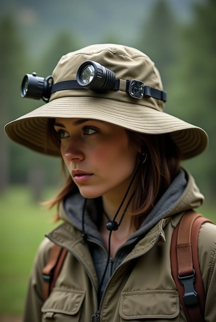 Make a camping cap with accessories like a flint, a whistle, and a flashlight.