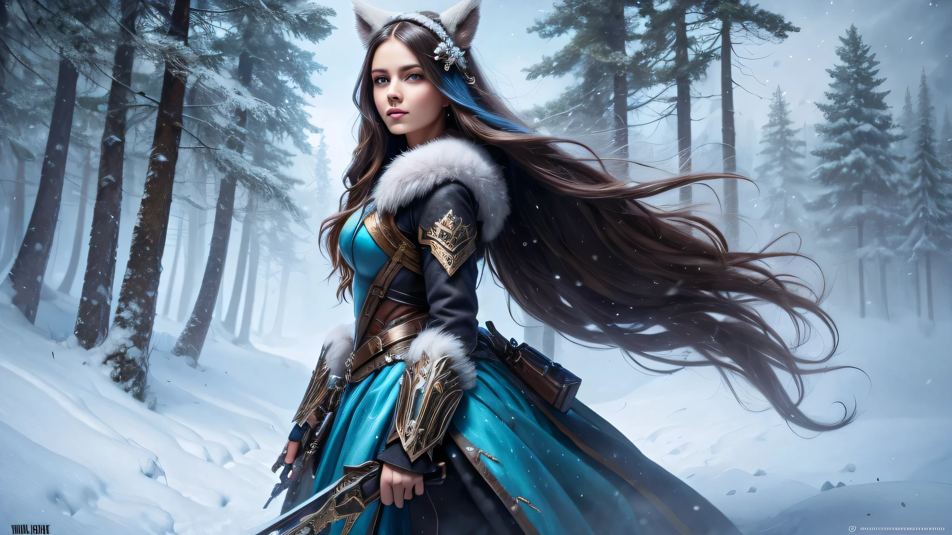 A full body shot of a human girl with furry ear muffs for winter and a snow covered forest, finely detaild light bright blue eyes, whit bulky wavy super long hair, epic fantasy art style hd, fantasy art style, hyperrealistic fantasy art, epic fantasy art style, fairy girl, wide shot of very beautiful fairy, trending digital fantasy art, digital fantasy art ), realistic and detailistic fantasy artwork, beautiful fantasy art portrait, fantasy art portrait, detailed fantasy digital art, beautiful fantasy portrait, wide backround, full shot of girl