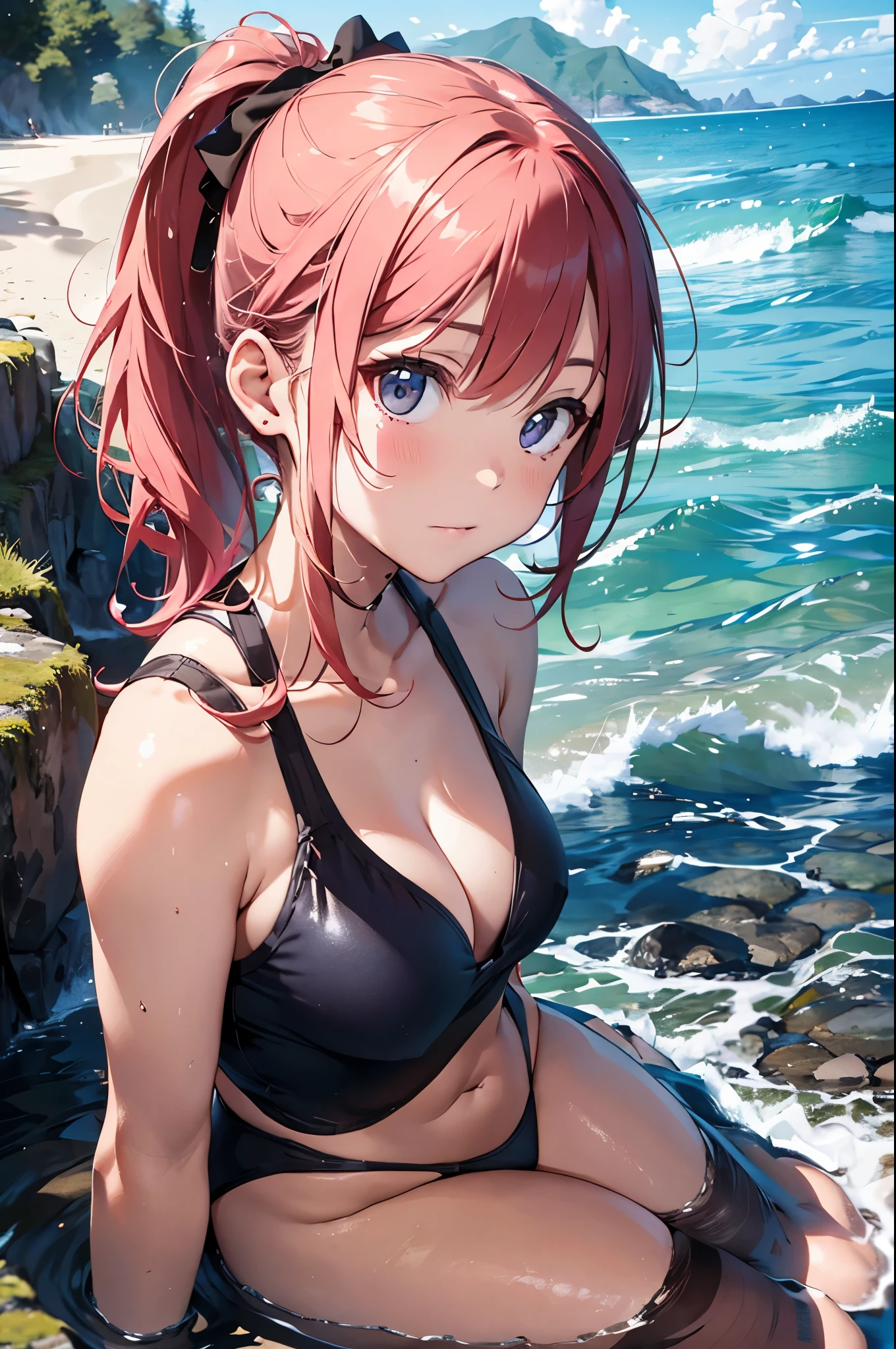 4K,8k,High resolution,
A pretty young woman,Pink Hair、ponytail、Pink Swimsuit、
(Soft Saturation:1.3), (Fair skin:1.2),
(ultra-Detailed Background, Detailed Background), Bokeh,
break'Smiling portrait.,
When viewed from the front, The composition is symmetrical,
Looking straight at you with serious eyes,
break Swimwear, White Bikini, Center of chest,
Outdoor, Sea surface, null, sunlight,Summer beach, Sandy Beach,
Strong light, Front lighting,
(:1.3), (Cowboy Shot:1.2),
Front brake angle,
View your audience,
Dynamic pose,
sitting on the beach
Wakame seaweed、Wakame seaweed、
Seaweed、Seaweed、Seaweed、Seaweed、Seaweed、Seaweed、Seaweed、