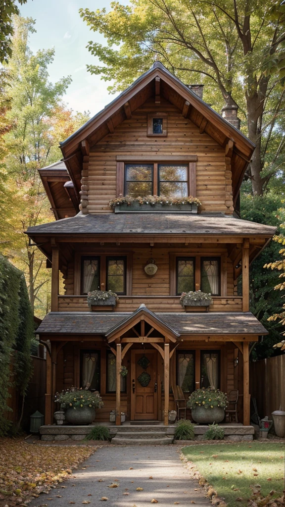 Create an image of a whimsical, multi-story fairytale cottage with a high pitched roof and multiple gables. The cottage should have a warm, inviting appearance with wooden textures and stone accents. It should be surrounded by autumn foliage, with leaves gently falling around it. There should be a sense of enchantment and charm, as if the cottage has sprung from the pages of a storybook.