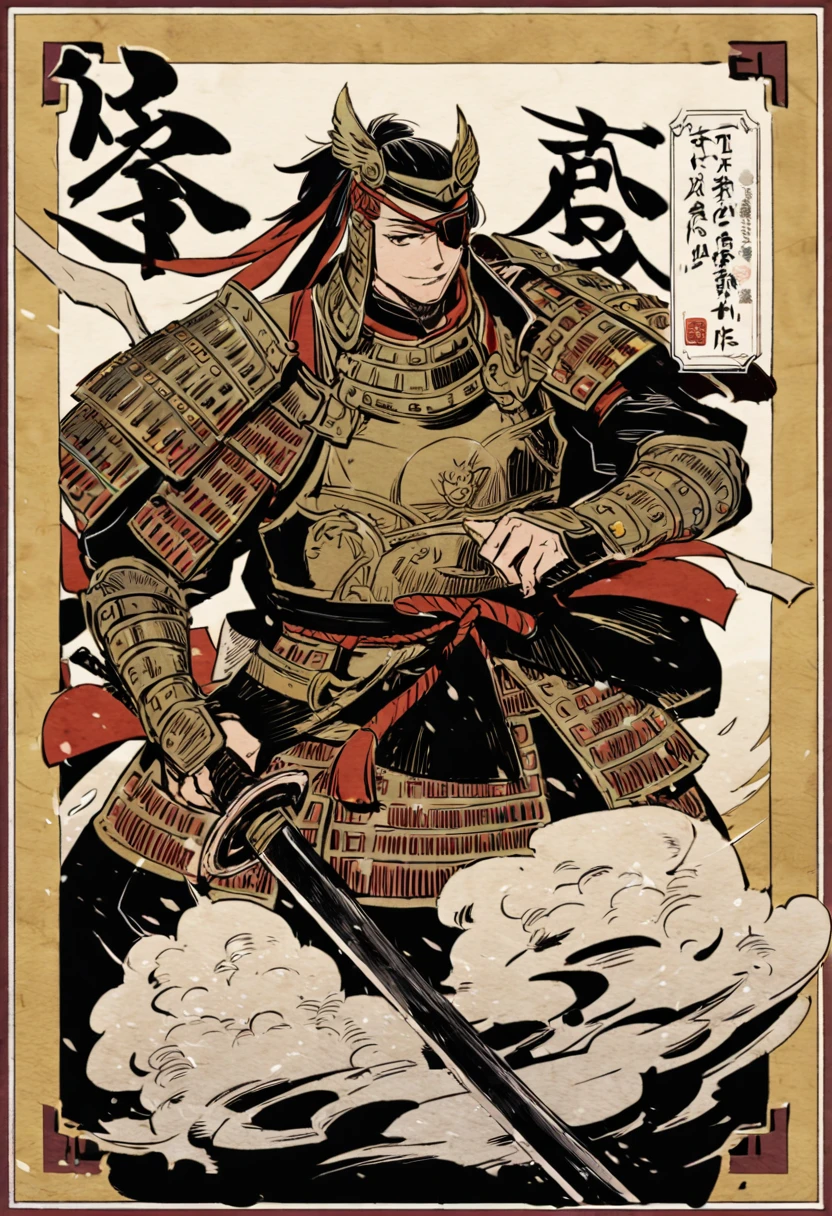 Sengoku warlord with samurai sword、Eye patch、Japanese Armor、