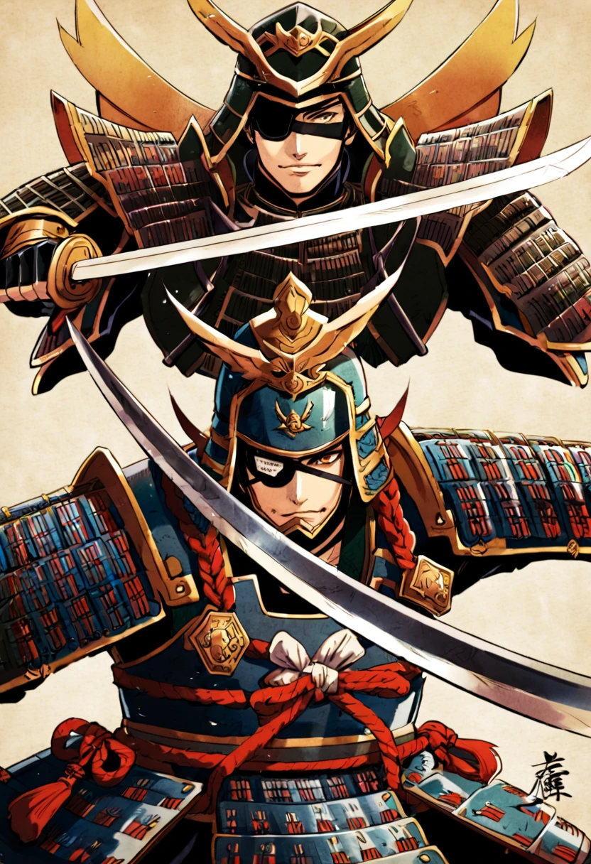 Sengoku warlord with samurai sword、Eye patch、Japanese Armor、