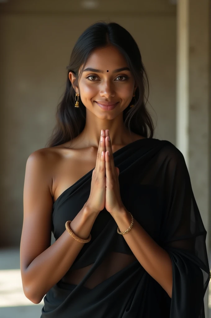 Beautiful young girl.strong eyes.simple lips and chicks with simple smile that attracts people.wearing black sarreee and doing namaskar indian women hindu