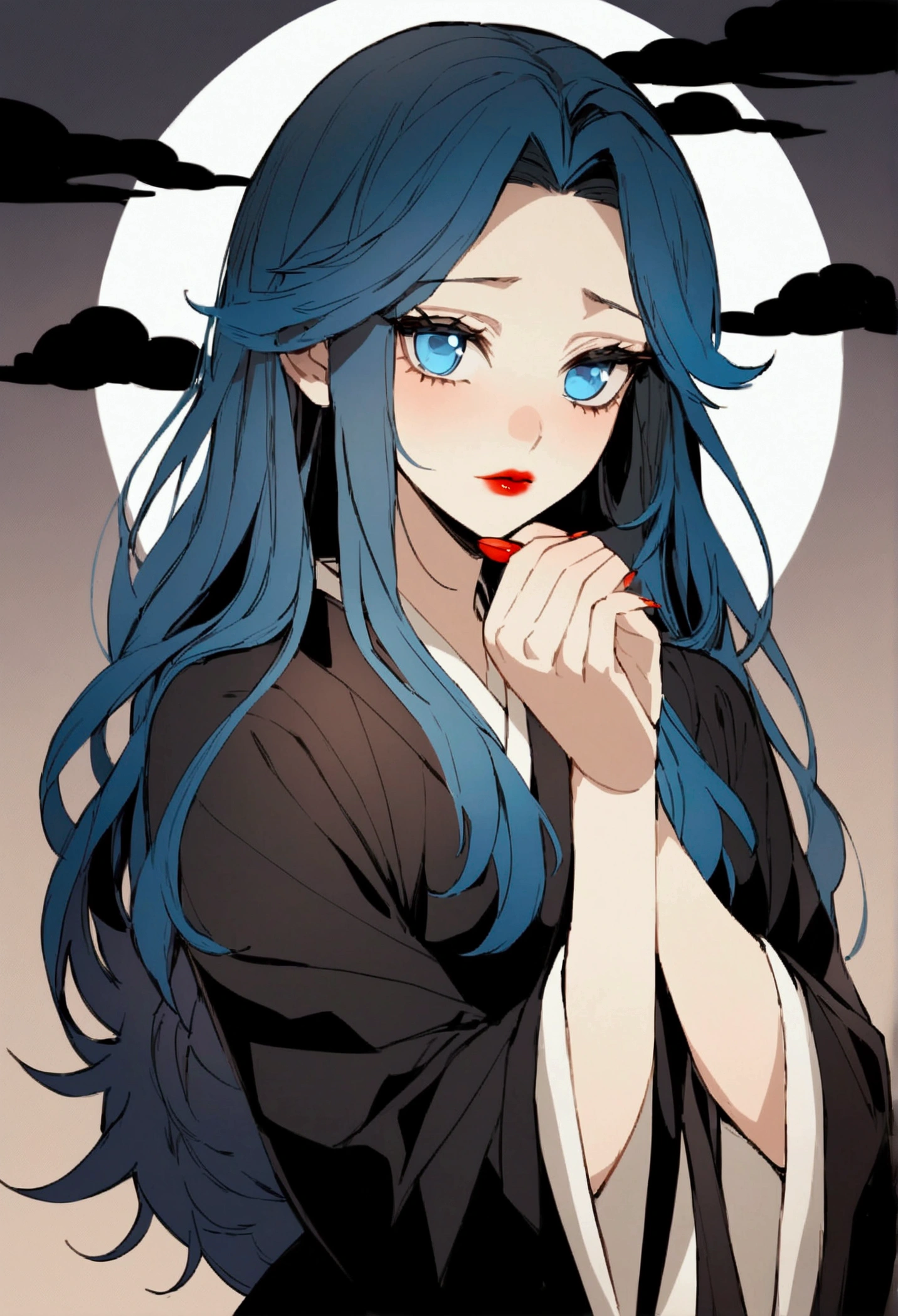 Give me female characters inspired by Kimetsu no Yaiba Demon Slayer a 1 girl with long hair with blue hair tips with blue eye color, wearing a black kimono, with details of clouds painting her lips red with a lipstick that she had in one of her hands with a shy expression in a background with trees the girl is NOT looking directly in front of her she is looking to the side