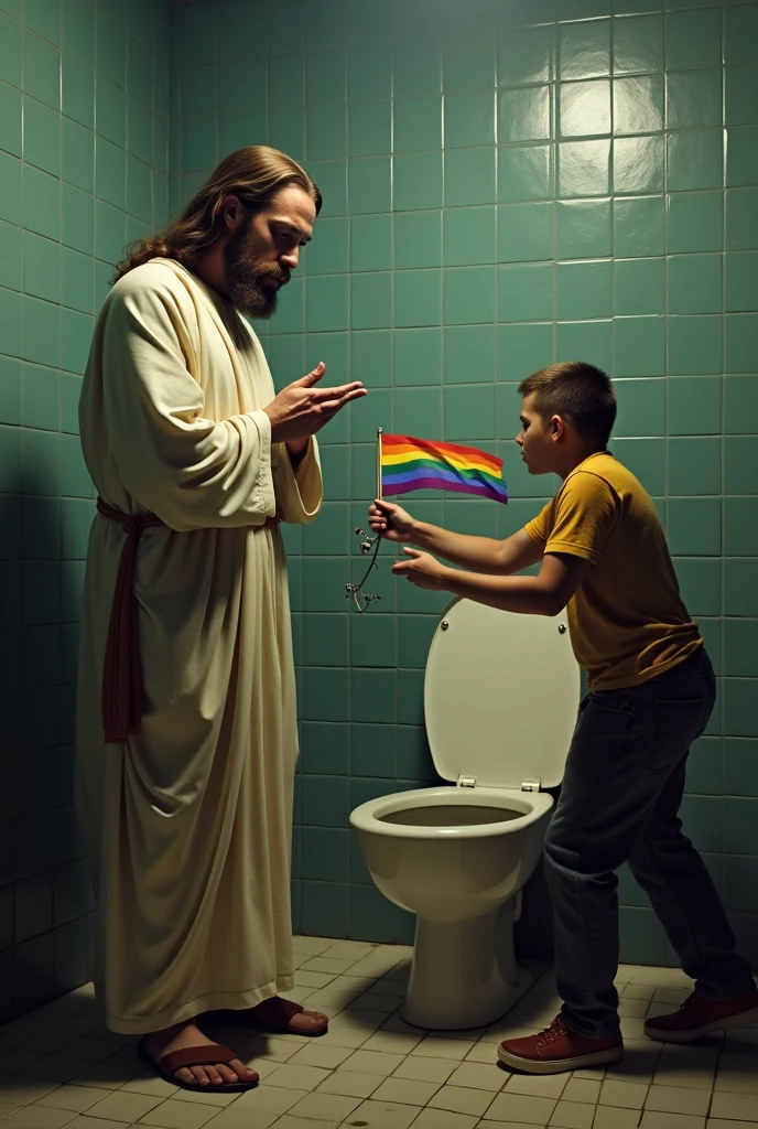 Jesus pisses off who throws the multi-colored LGBT flag in the toilet