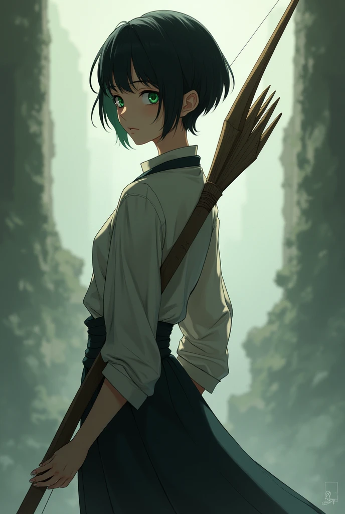 Create a tall skinny anime character, with short and black, and green eyes, with a wooden bow on his back. with a sharp, angular and androgynous face