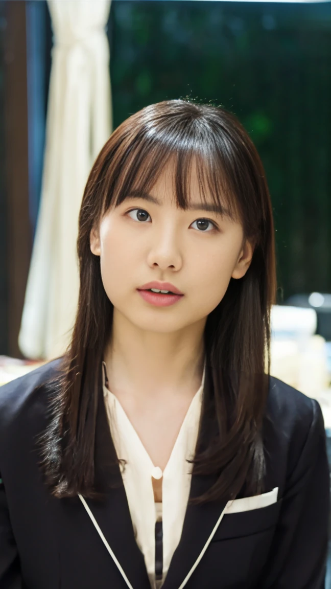 (top-quality, 16K, masterpiece:1.3), (ultra detailed), (masterpiece), (best quality), Highest quality, Realistic, Surreal, Highest quality, Extremely detailed CG, Very delicate, 16K wallpaper, High resolution, A woman in a management position at a prestigious company, 3, beautiful woman, ((Silky hair:1.2)), (beautiful straight medium hair:1.2), ((orgasm:1.5)), ((ecstasy:1.5)), (mole under eye:1.2), ((UNTITLED business suit:1.2)), ((Very simple necklace)), With a large window Japanese office, ((Working at desk:1.5)), Japanese, slender body, very detailed, detailed fingers, detailed hands, detailed eyes, detailed legs, accurate and perfect human anatomy, real human skin, BREAK ((upper body:1.5)), ((look into the viewer's eyes:1.5)), ((looking at viewer:1.5)), ((Front view:1.5)), ((from front:1.5)),