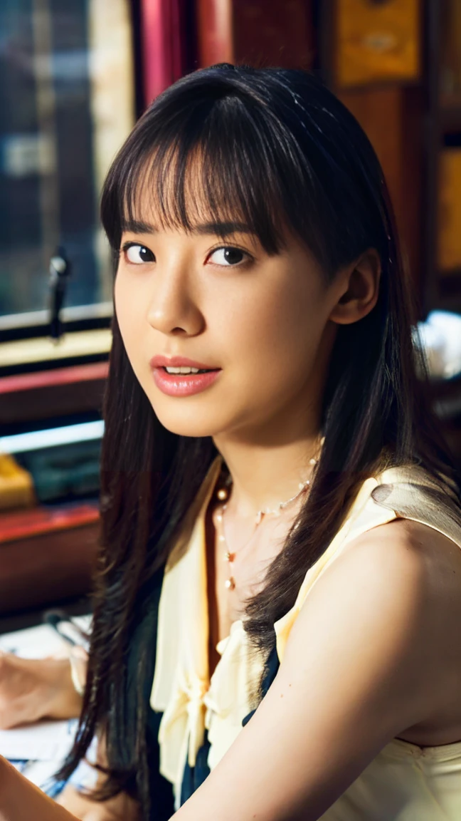 (top-quality, 16K, masterpiece:1.3), (ultra detailed), (masterpiece), (best quality), Highest quality, Realistic, Surreal, Highest quality, Extremely detailed CG, Very delicate, 16K wallpaper, High resolution, A woman in a management position at a prestigious company, 3, beautiful woman, ((Silky hair:1.2)), (beautiful straight medium hair:1.2), ((orgasm:1.5)), ((ecstasy:1.5)), (mole under eye:1.2), ((UNTITLED business suit:1.2)), ((Very simple necklace)), With a large window Japanese office, ((Working at desk:1.5)), Japanese, slender body, very detailed, detailed fingers, detailed hands, detailed eyes, detailed legs, accurate and perfect human anatomy, real human skin, BREAK ((upper body:1.5)), ((look into the viewer's eyes:1.5)), ((looking at viewer:1.5)), ((Front view:1.5)), ((from front:1.5)),