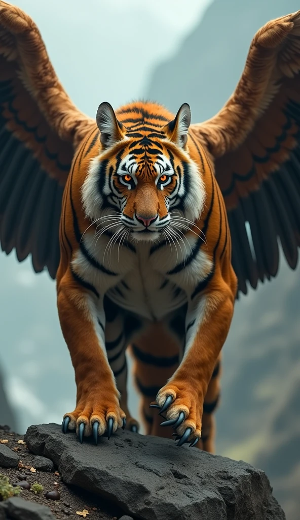 "Create a high-resolution 4K image of a fearsome, mythical creature that is a hybrid of an eagle and a tiger. The creature should have the majestic wings of an eagle with powerful talons, combined with the muscular body and striking stripes of a tiger. It should exude an aura of danger and attractiveness, with intense, glowing eyes and a fierce stance in a dramatic, rugged landscape."