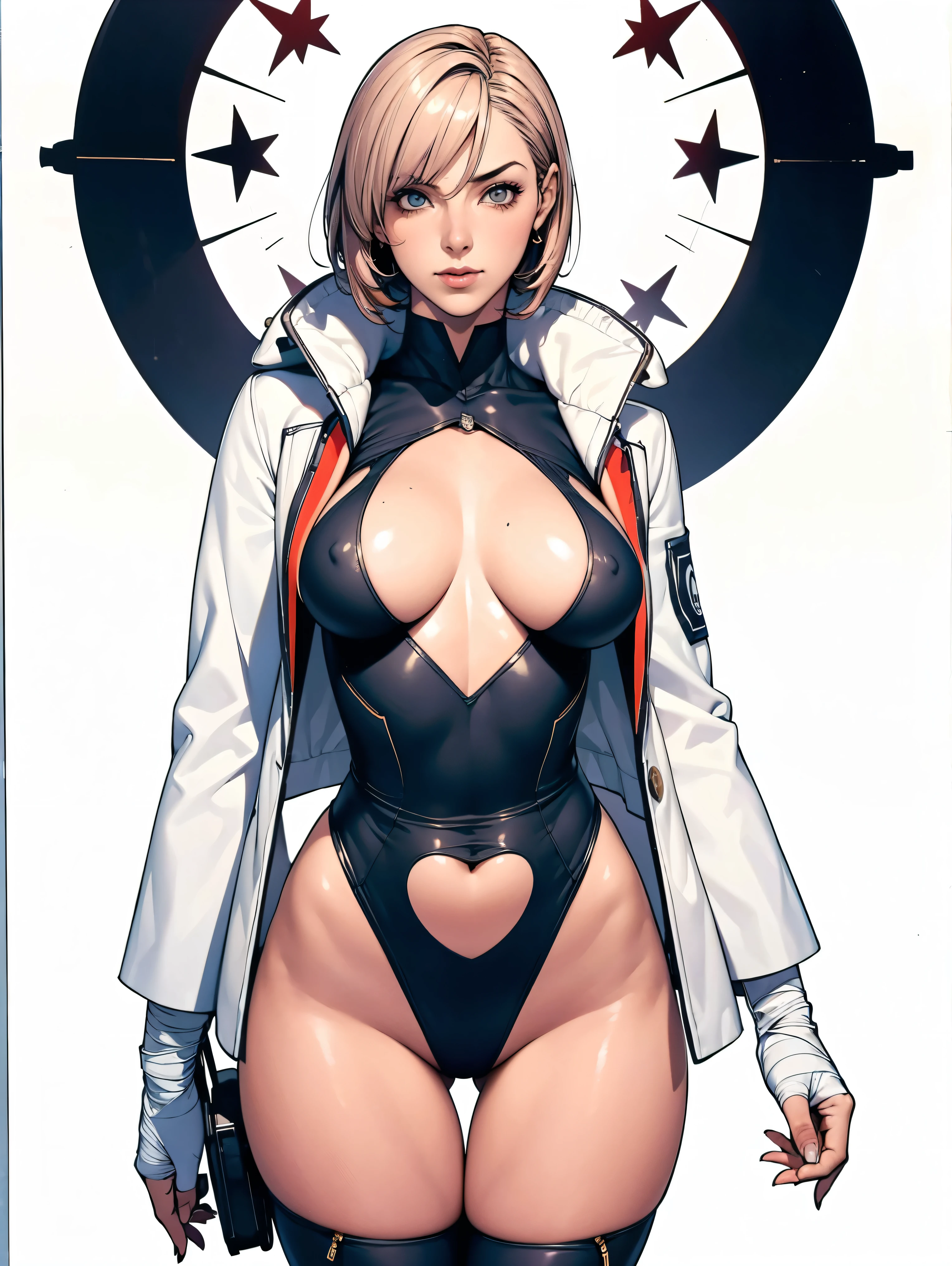 (((Annie Lennox))), (((colorful suit))), (scars), (((bandaged arms))), (((colorful clothes))) (( hood)), (((best quality: 1.4))), (Unbeatable masterpiece), (hyper HD),(CG 8k hyper-realistic), beautiful face, (((breasts big))), (((hyper feminine))), sexly girl, ((round face)), black tattoo,(ultra short red hair with white highlights)), ((( sculptural body ))), (((1 Kizi))), Kizi tatuada de 25 anos com perfect body, perfect hands, perfect fingers ,Beautiful and well-groomed face, (round face), muscular body:1.2,solid color detailed jacket, (Head to thigh photos), Complex equipment, ,Tight clothes,With white stars and off-white stripes,,,,,Armor Metal Electronic Parts, Poison tattoos ) INFO, Kizi, (((standing alone))), , 24歳, sexy, pose de attitude, work of art, dancing, ((slight smile)), post-apocalypse, (((manga style))), bounty hunter, the way you want, perfect body, roupa moderna, advanced technology, white, yellow accent, black, red accent, fur collar jacket, sleeves with vertical striped pattern, background city, (( cowboy shot )). intricate visual, narrow waist, (((wide hips))), wide hips, fit thighs, (((thigh gap))), Thigh gap, background shows a futuristic airplane, open expression, expression happy