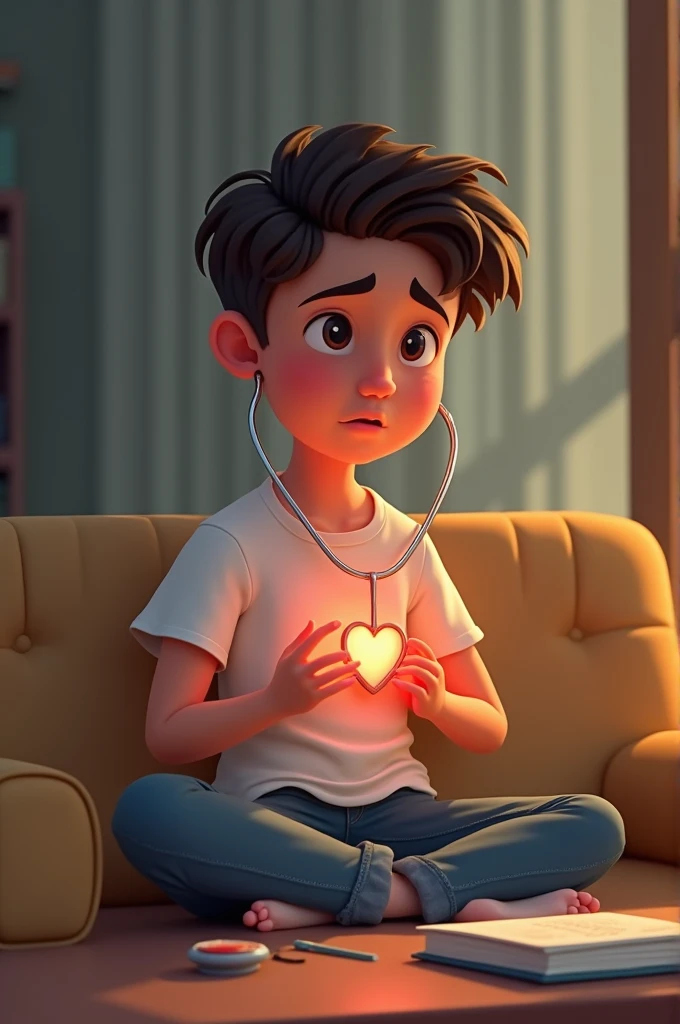A young person sitting casually, looking curious and slightly worried, holding a stethoscope to their heart in a playful manner.