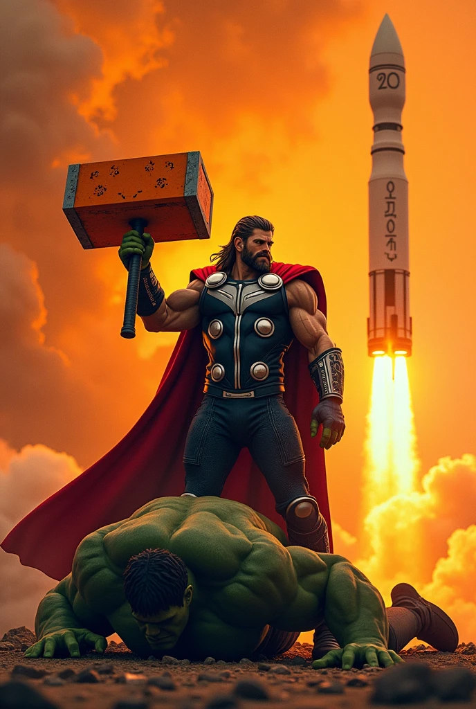 Make Thor with an orange sledgehammer with the number 70 and the Hulk lying on the ground with a cycling helmet and behind them an orange rocket in the background with the number 70
