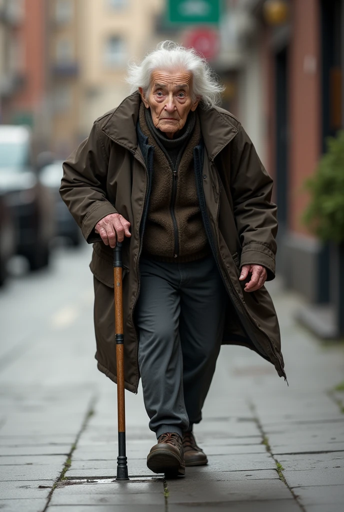 **Visual 2:**
   - *Description:* An elderly woman walking with a cane nearby. She slightly trips on a small bump or crack in the sidewalk, looking startled as she begins to lose her balance.
   - *Focus:* The woman’s expression of surprise and a slight stumble as she tries to regain balance.
