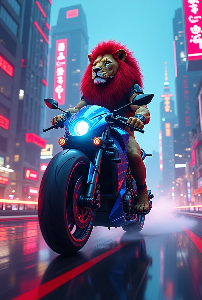 A lion on moter bike in cyber city bike colour is blue and red