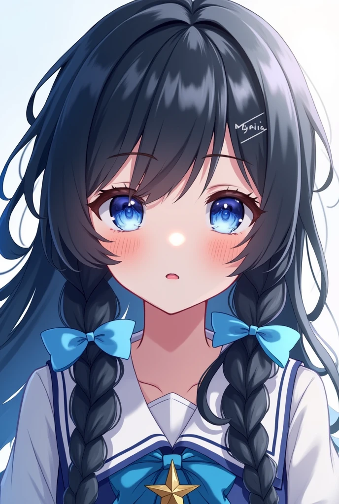 a young girl with long and fine wavy black hair, have a side parting, with hairstyle "short braid half from top to ear line of head on both sides on top side of head and let rest of hair loose from middle part above ear line and no braid at bottom of ear line" just a braid on top with each sky blue ribbon and a dark blue rose in the braid with a pleated fabric ribbon tail, has a blue ruby diamond pattern eye type like athanasia with californian coral gradation underneath has soft and smooth white skin (anime style front facing pose)
