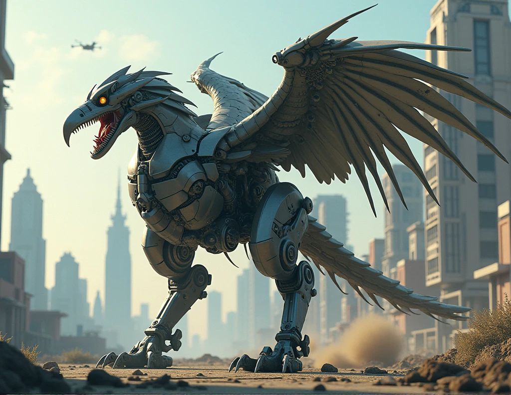 A cinematic medium shot of a hyper-realistic painting of a large gryphon bio-nano composite battle exoskeleton. Theexoskeleton has multiple weapon systems, including a large cannon, a minigun, and a rocket launcher. The background contains a futuristic city with tall buildings, some of which have been damaged. The image has a cinematic lighting.