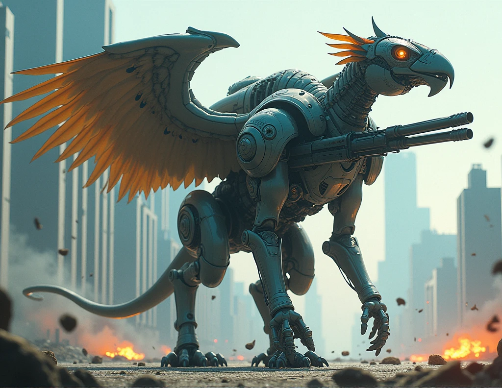 A cinematic medium shot of a hyper-realistic painting of a large gryphon bio-nano composite battle exoskeleton. Theexoskeleton has multiple weapon systems, including a large cannon, a minigun, and a rocket launcher. The background contains a futuristic city with tall buildings, some of which have been damaged. The image has a cinematic lighting.