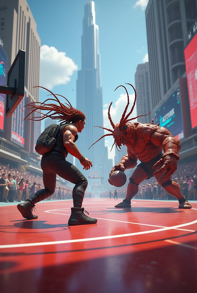 Destiny 2&#39;s Cayde-6 killing a humanoid lobster in a basketball game