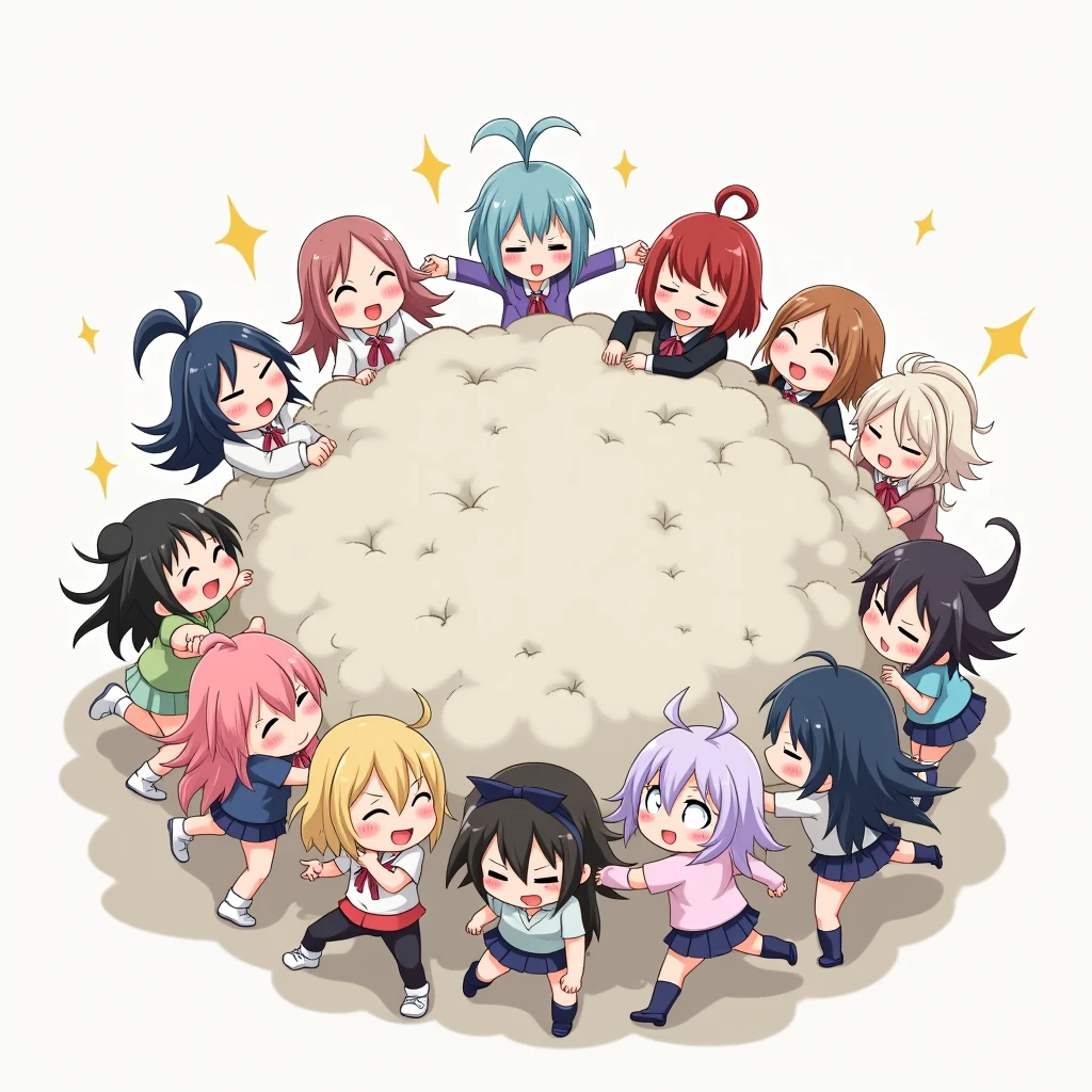 An anime-style illustration depicting 10 girls playfully wrestling with each other inside a light gray comical fight cloud (dust cloud).
each girl has different colored hair.
their faces,hands,and feet are visible emerging from the cloud as they tussle humorously, with the rest of their bodies completely hidden inside the cloud.
the illustration emphasizes the humorous and energetic nature of their scuffle,with a fluffy and exaggerated fight cloud.
