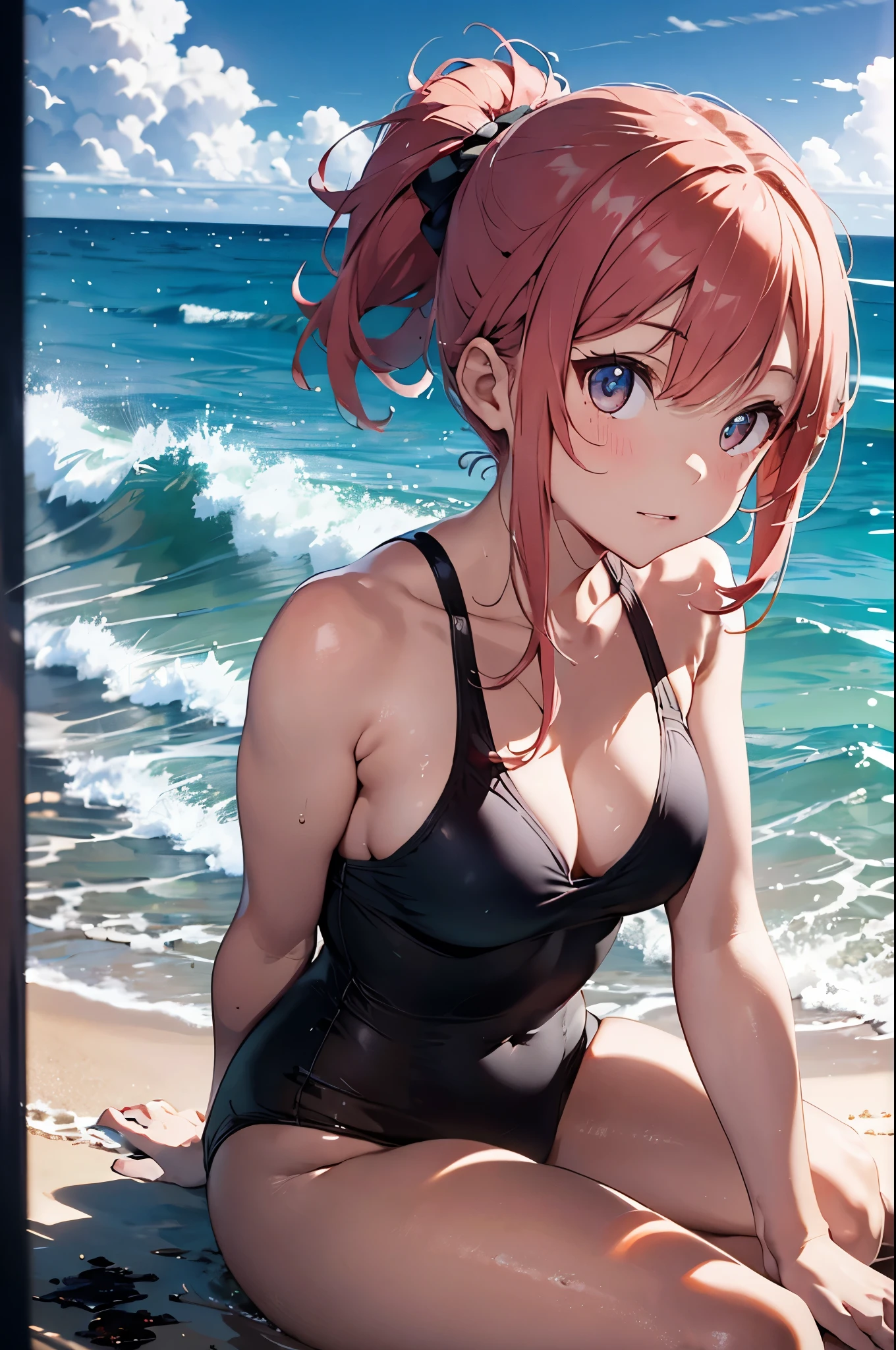4K,8k,High resolution,Pink Swimsuit、
A pretty young woman,Pink Hair、ponytail、Pink Swimsuit、
(Soft Saturation:1.3), (Fair skin:1.2),
(ultra-Detailed Background, Detailed Background), Bokeh,
break'Smiling portrait.,
When viewed from the front, The composition is symmetrical,
Looking straight at you with serious eyes,
break Swimwear, White Bikini, Center of chest,
Outdoor, Sea surface, null, sunlight,Summer beach, Sandy Beach,
Strong light, Front lighting,
(:1.3), (Cowboy Shot:1.2),
Front brake angle,
View your audience,
Dynamic pose,
sitting on the beach
Wakame seaweed、Wakame seaweed、
Seaweed、Seaweed、Seaweed、Seaweed、Seaweed、Seaweed、Seaweed、