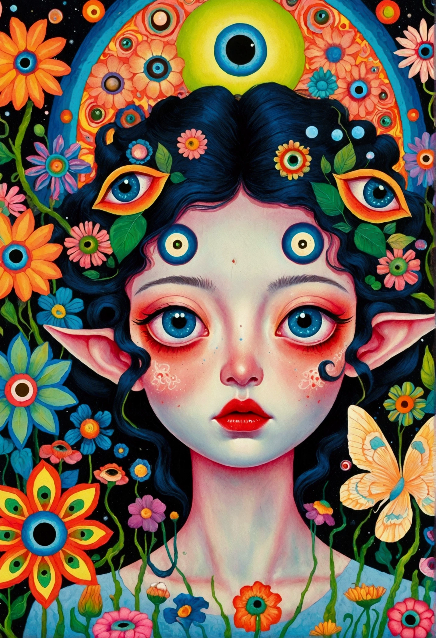 A poster,There is a flower with big eyes on it,Surrounded by flowers, Psychedelic illustration, beeping sounds and james jean, Surrealism psychedelic design, psychedelic Surrealism art, Surrealism + Very detailed, Surrealism design, Psychedelic cosmic horror, beeping sounds and jeremiah ketner, Complex artwork. Neon eyes, Otherworldly visuals, Psychedelic art style, beeping sounds. Surrealism