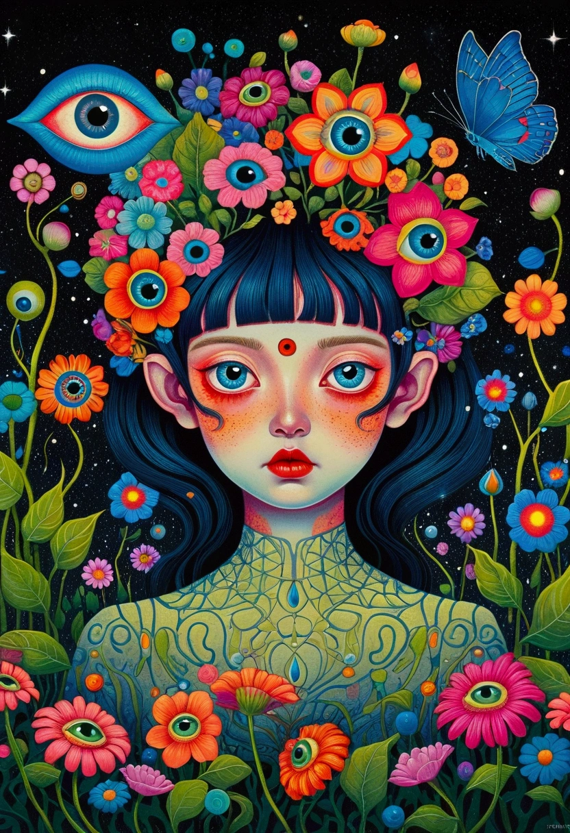 A poster，There is a flower with big eyes on it，Surrounded by flowers, Psychedelic illustration, beeping sounds and james jean, Surrealism psychedelic design, psychedelic Surrealism art, Surrealism + Very detailed, Surrealism design, Psychedelic cosmic horror, beeping sounds and jeremiah ketner, Complex artwork. Neon eyes, Otherworldly visuals, Psychedelic art style, beeping sounds. Surrealism