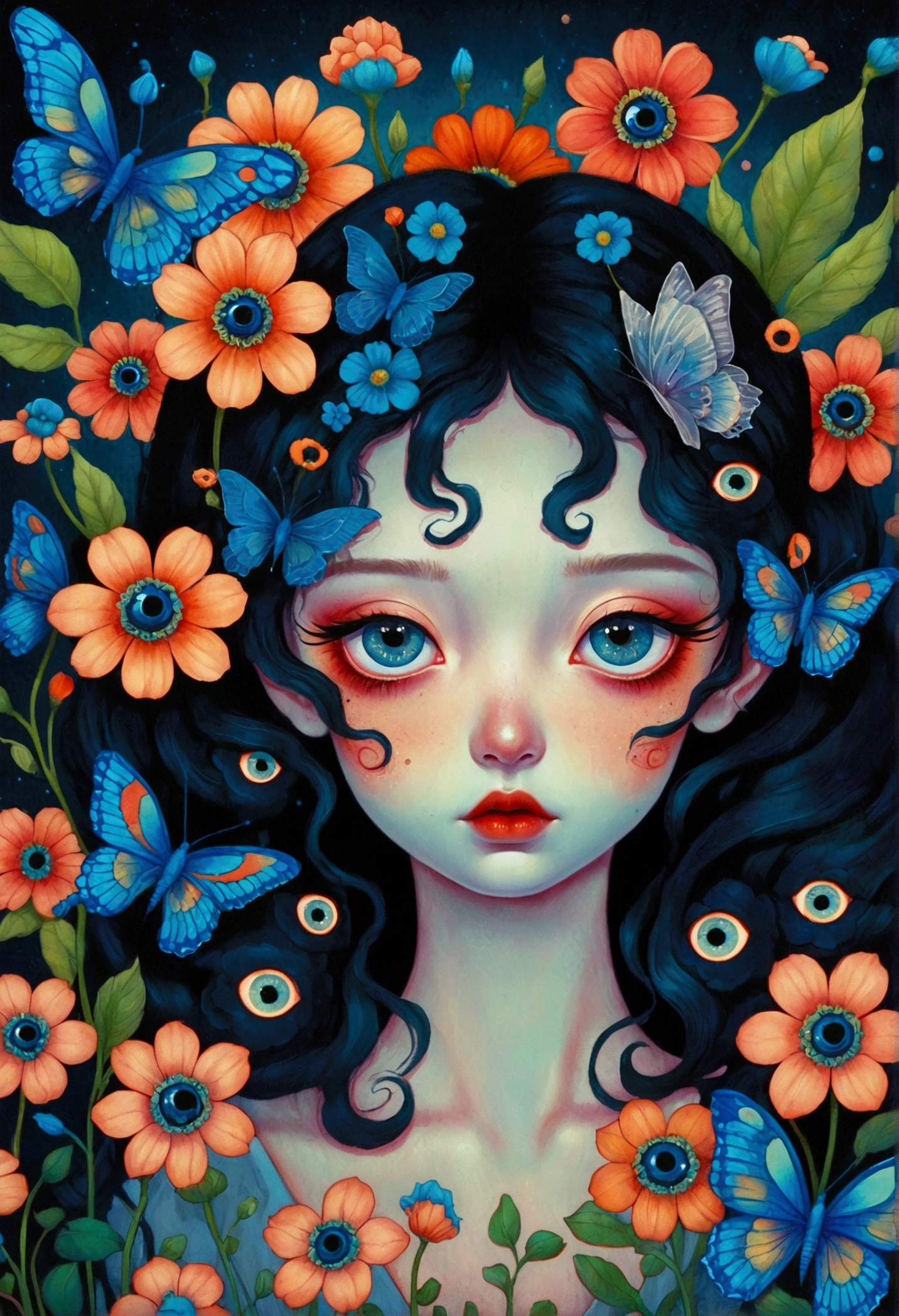 A poster,There is a flower with big eyes on it,Surrounded by flowers, Digital art inspired by Marco Mazzoni, Winner of the Behance competition, Psychedelic Art, Psychedelic illustration, beeple 和 james jean, Surrealism psychedelic design, psychedelic Surrealism art, Surrealism + Very detailed, Surrealism design, Psychedelic cosmic horror, Beeple 和 Jeremiah Ketner, Complex artwork. Neon eyes