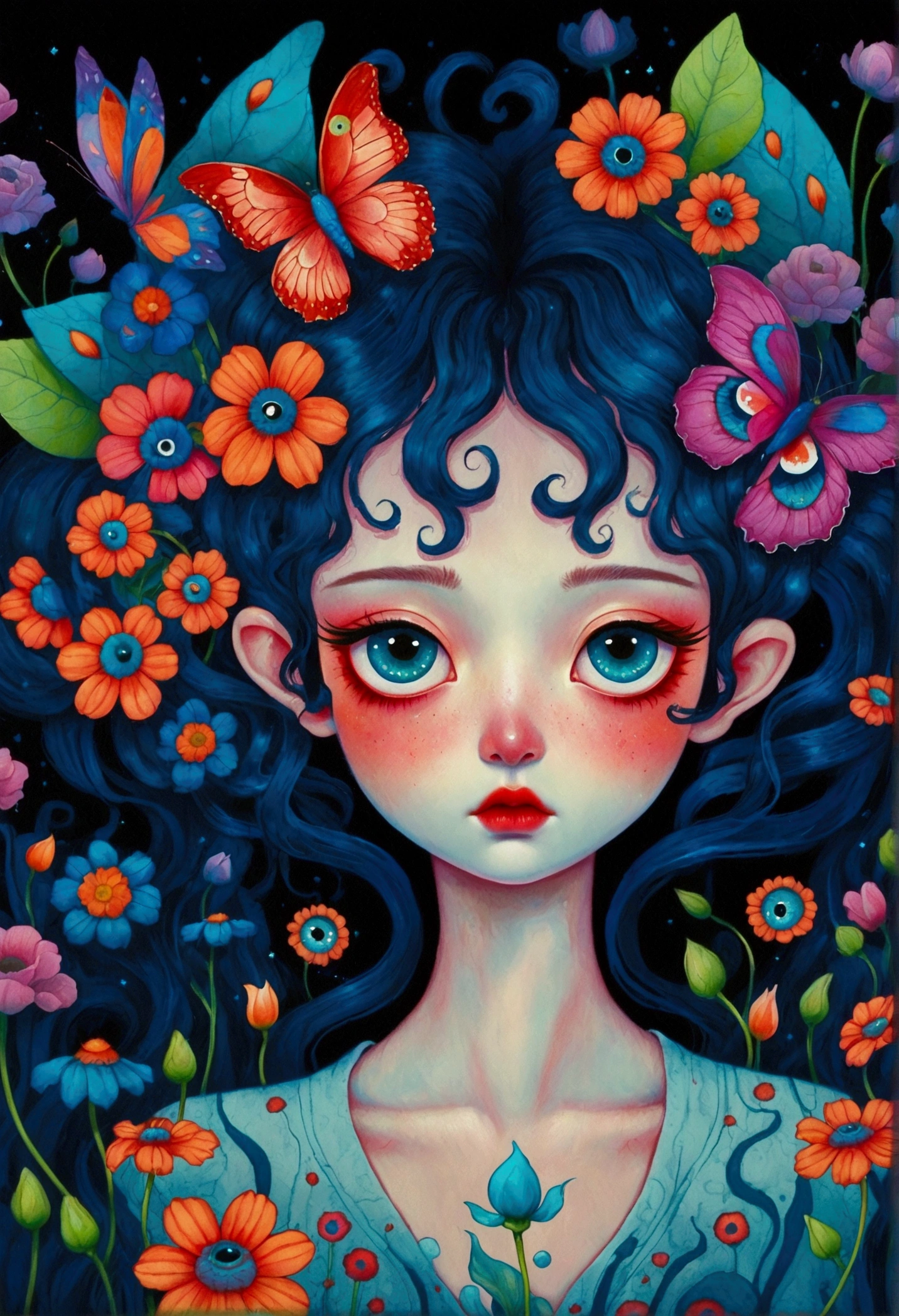 A poster,There is a flower with big eyes on it,Surrounded by flowers, Digital art inspired by Marco Mazzoni, Winner of the Behance competition, Psychedelic Art, Psychedelic illustration, beeple 和 james jean, Surrealism psychedelic design, psychedelic Surrealism art, Surrealism + Very detailed, Surrealism design, Psychedelic cosmic horror, Beeple 和 Jeremiah Ketner, Complex artwork. Neon eyes
